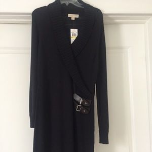 Michael Kors NWT Navy Sweater Dress Leather M